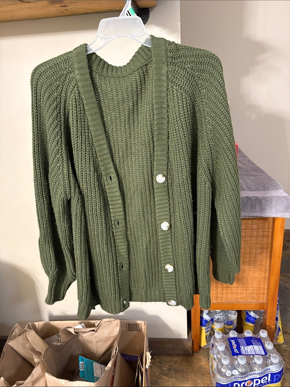Olive Green Ribbed Button-Front Cardigan
